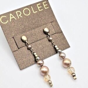 Vintage NOS Carolee Goldtone Faux‎ Pearl and Glass Beaded Dangle Post Earrings